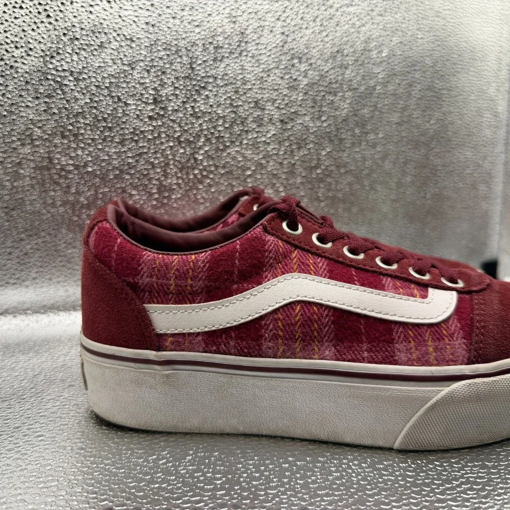 Size 7 Vans Ward Platform Plaid Mix Port Burgundy Suede Womens Sneakers 721356